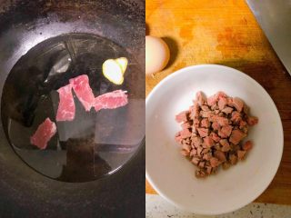 3、宝宝快手披萨,把牛肉放入姜水焯水去浮沫，切小丁！
