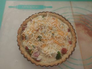 16、酸奶芝士派,再倒入拌好的蛋奶液，撒上适量马苏里拉芝士。