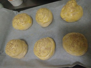 10、迷你巨无霸汉堡包～汉堡胚制作～,抹上薄薄一层蛋黄液，撒上白芝麻，用手轻轻按一下表面，要不烤完之后芝麻都掉了，也别按的太使劲，然后发酵二十分钟左右，摆放面包一点要留出足够大的空间，你们看后面那排左边那两个，位置有点挤，烤完之后就粘到一起了。