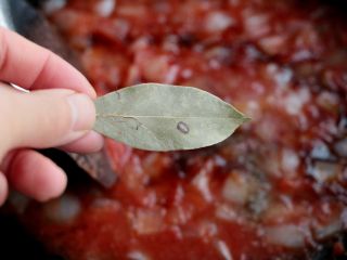 16、熏肠披萨,放入一片香叶