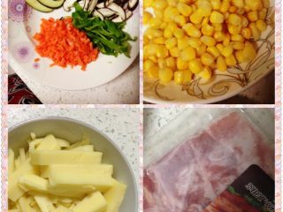 2、培根芝心披萨,如图：蔬菜洗净切好。马苏里切条和丝。培根切片。玉米粒洗净沥水。