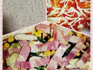 4、培根芝心披萨,如图：发酵好的面团用擀面杖拍打出气，擀成你需要的形状放入烤盘。将芝士条包在饼边，再用牙签或者叉子戳洞。涂上一层制作好的披萨酱，放一层芝士丝。放上所有蔬菜，培根，在整个披萨表层涂抹一层色拉油，入预热好的烤箱150度中下层12分钟，再铺上一层芝士丝，中上层3分钟。