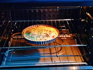 18、培根火腿披萨,将披萨盘入烤箱中层的烤网上，上下190度烤20分钟。(烤箱温度及时间仅供参考，具体根据自家烤箱性能另定)