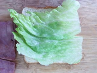 10、创意培根鲜虾鸡蛋三明治,step9：吐司片上铺生菜叶，尽量和吐司大小一致