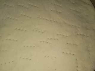 10、牛肉蔬菜披萨,发酵好的面团撒少量盐擀成圆形放披萨盘里，用叉子戳上小孔防止鼓包