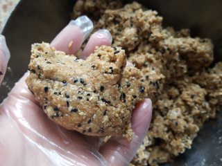 9、粗粮燕麦饼干,9.带手套，用手将所有用料混合均匀,抓捏即可成团。