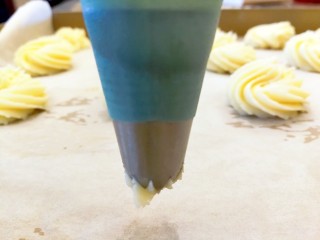 18、提拉米苏曲奇饼干,裱花袋把夹子拿掉,在铺上油纸的烤盘上,手垂直挤压成自己喜欢的样子