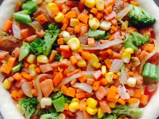 5、蔬菜披萨,把炒好的蔬菜丁放上去，可适当根据个人口味喜好选择食材