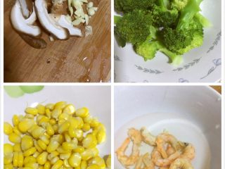 1、虾仁意大利面（儿童份）,准备好材料，西兰花切小朵焯水（开水里加盐和几滴油）过凉水，香菇切片，蒜切末，干虾仁洗净泡发
