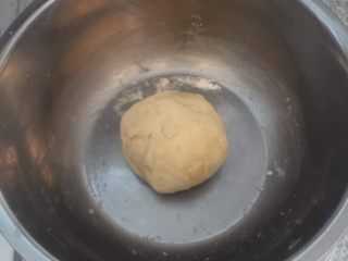 4、芒果披萨,取出面团装入发酵碗中，盖上保鲜膜。