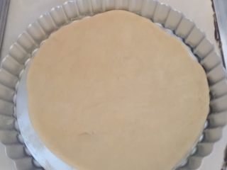 5、芒果披萨,发酵好的面团擀成披萨饼皮，模具刷入少量黄油，进行第二次发酵，饼皮上面要插许多小孔，发酵至两倍大。