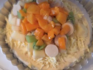 10、芒果披萨,撒入水果颗粒，火腿丁。