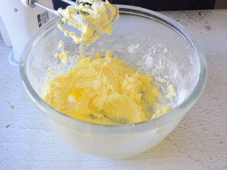 1、彩色饼干,黄油室温软化，加入糖粉和盐，打发均匀