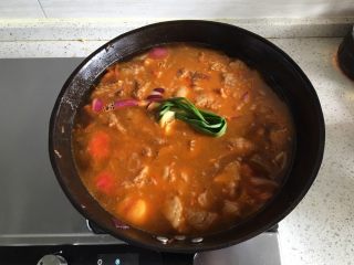 9、家常必备|土豆炖牛肉,倒入一整锅的清水,香葱一根打结加入,加入一小块拍扁的姜,大火烧开20分钟,转小火炖2小时以上