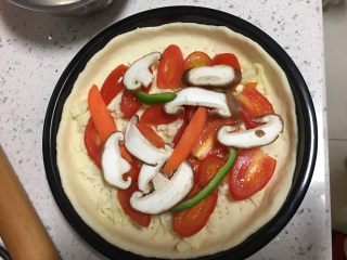 9、蔬菜牛肉披萨,放上蔬菜，撒上一层芝士，再放上牛肉片