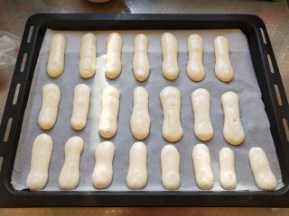 9、手指饼干,将面糊均匀的挤在烤盘中