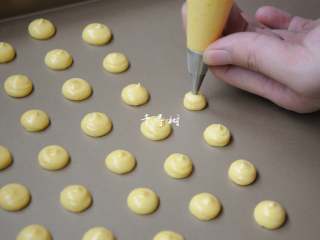 6、微甜版蛋黄香酥饼干 绽放在记忆深处的味道,蛋糊装入裱花袋，也可以不用裱花嘴，直接把裱花袋底部剪个小口也行，在烤盘上挤出大小均匀的饼干胚，注意饼干之间要留有足够的空隙，受热后会变扁变大。