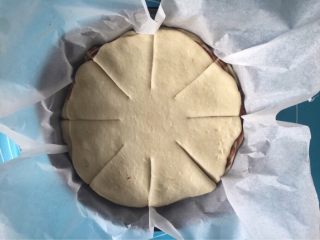 11、豆沙手撕花样面包,然后将面饼胚连同油纸一起放入圆形烤盘中，或者披萨盘都可以。