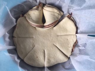 12、豆沙手撕花样面包,从中间一角向外侧翻转，如图步骤。