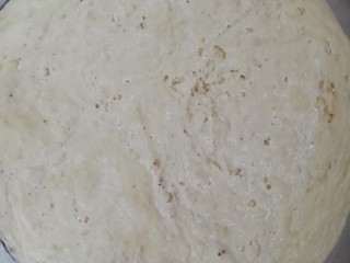 6、蜜汁鸡胸火腿烤披萨,面醒发好以后,揉面排气,擀成圆形,披萨盘刷油,将面饼放入披萨盘,用叉子在披萨饼坯上插孔。