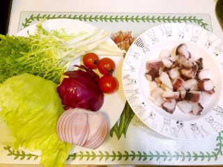 1、意大利海鲜低脂沙拉,所用食材：鱿鱼足，小番茄，苦苣，紫包菜，圆生菜，洋葱