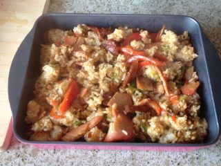 6、烤肉焗饭,然后放入烤盘