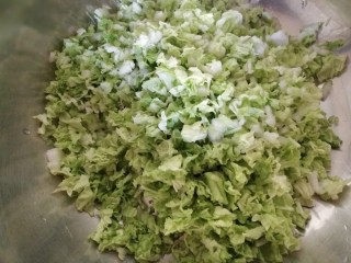 3、中式点心+钱袋白菜肉包,切碎的白菜放在盆里，