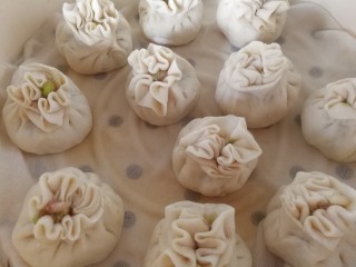 32、中式点心+钱袋白菜肉包,开水上锅蒸15分钟。蒸好后不要急着打开锅盖。3分钟后包子再出锅。