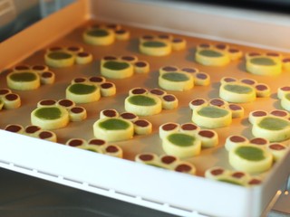 16、#曲奇菜谱秀#猫爪曲奇,烤箱上下火160度预热，将烤盘放入中层烤12分钟左右