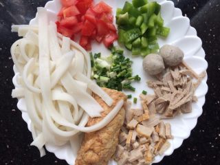 1、河粉披萨,先准备好所有材料,再把猪肉丸、肉卷,西红柿,青甜椒,香葱切好准备。
