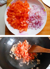 1、萨拉米香肠PIZZA,先制作披萨酱,番茄去皮切成小块,洋葱切成碎末,锅烧热下油后先放入洋葱翻炒至透明出香味后放入番茄翻炒。