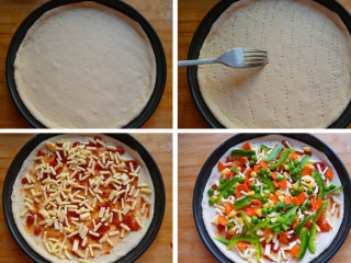 9、萨拉米香肠PIZZA,用叉子在饼胚的中间戳满洞洞,用勺子涂满披萨酱留出外缘不涂,撒上马苏里拉芝士,撒上胡萝卜,青椒,玉米青豆后再撒上适量马苏里拉芝士,再整齐的码上萨拉米香肠片,最后再撒上少许芝士,撒上少许黑胡椒粉,干罗勒叶,帕玛森芝士粉。