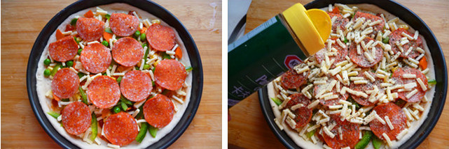 10、萨拉米香肠PIZZA,送入预热200度的烤箱约烘烤15分钟,至表面芝士全部融化即可。