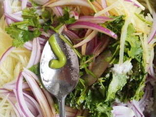 7、洋葱拌土豆丝,加入一点辣根。