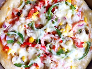 9、简易田园披萨,撒上各种蔬菜，再撒上马苏里拉芝士，烤箱预热上下火中层200度烤25分钟，后5分钟的时候在披萨周圈的皮上刷蛋液，使得披萨饼金黄香酥。