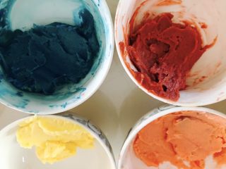 4、冰淇淋曲奇,调入色素或果蔬粉,调出自己喜欢的颜色。因为黄油本身有眼色,所以蓝色加进去会有绿绿的效果