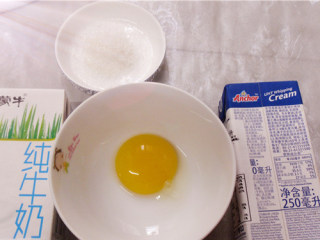 1、法式焦糖布丁,备好食材：鸡蛋分离出蛋黄，量好淡奶油、纯牛奶，称好细砂糖，烤箱170度预热
