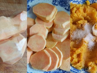 8、奶香红薯披萨,（面团发酵的时候做红薯馅）红薯去皮切薄片上锅蒸熟，加入白砂糖压成泥