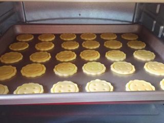 13、纽扣饼干,将烤盘放入预热好的烤箱中层，上下火150度，烤15分钟，出炉晾凉即可。