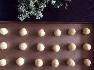 11、宫廷桃酥（植物油版）,取出面团，分成11克一个，轻捏成小圆球（轻轻捏圆就行，不要过度搓），均匀摆放在烤盘上，距离稍排开一些，烤的时候会有膨胀