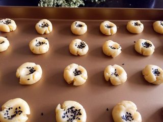 12、宫廷桃酥（植物油版）,手指沾些黑芝麻粒，在面球中间轻压一下，压的时候另一只手可轻轻圈成小圆圈拢住面球，这样压出来会比较好看一些，正常状态下压的时候有自然裂纹产生，如果没产生裂纹，你的面团可能就过度搅拌或挤压了，口感会偏硬