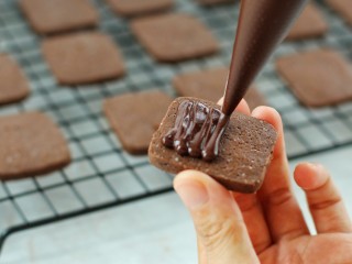 14、巧克力夹心饼干,趁巧克力馅没有凝固之前装入裱花袋，取一片冷却好的饼干，挤上满满的巧克力馅，再盖上另一片饼干