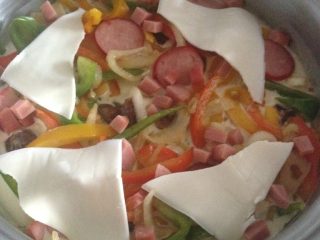 3、多彩铁锅披萨,放上奶酪片 盖上锅盖。完成