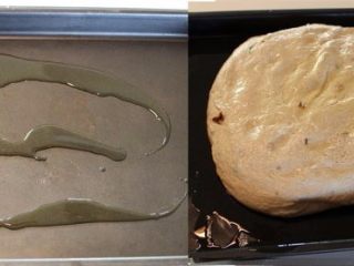 5、 迷迭香佛卡夏,烤盘上倒入稍多的橄榄油，抹匀，将发酵好的面团放入烤盘。