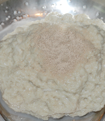 7、自制凉皮/面筋,留下的面筋加1克酵母揉匀,过半小时左右上锅蒸15分钟左右就可以了。