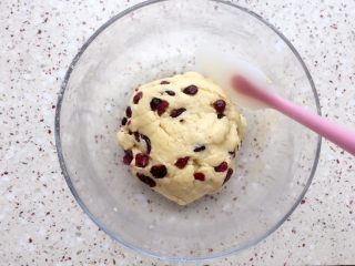 12、蔓越莓甜司康,轻轻混合即可；盖上保鲜膜静置松弛30分钟左右；