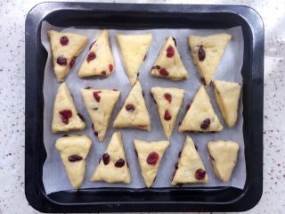 18、蔓越莓甜司康,均匀摆放烤盘上；