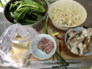 1、水煮千张,食材合照：豆腐皮两张，肉末100g，小葱一根，蒜三瓣，小米辣两个，姜一小块，平菇150g，绿豆芽100g，菠菜三四颗