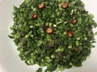 19、猜着做饭:韭香牦牛肉,铺上点缀的红辣椒圈,撒一撮盐。