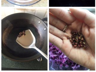 7、这是我吃过最好吃的凉拌紫甘蓝,锅里放油，油热放入花椒，一会后把花椒取岀，把热油浇到已挤干水份的紫甘蓝上面。（注：油一定要够热，这样才能去除紫甘蓝草青味）